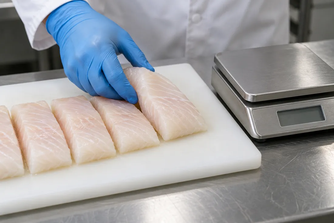 Fish portions lined up next to a kitchen scale