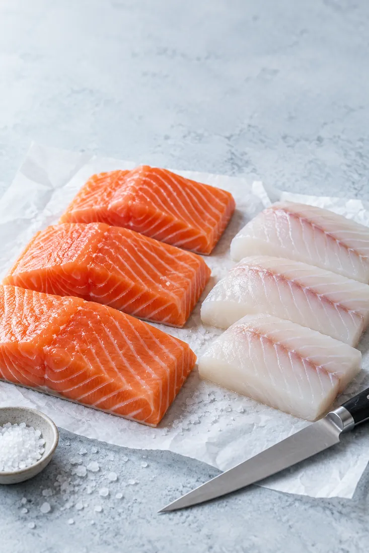 Even portions of salmon loin and white fish on butcher paper