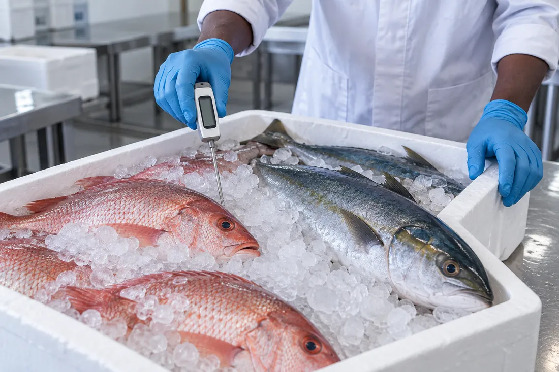 Whole fish in an ice crate being checked with a probe thermometer
