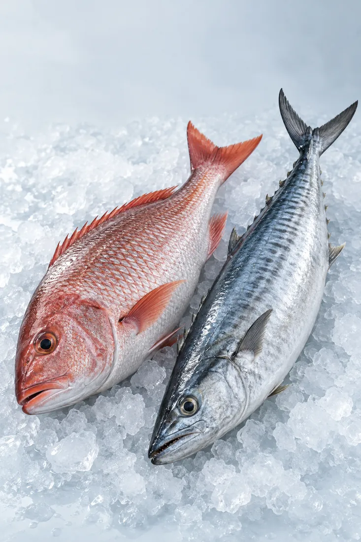 Whole red snapper and kingfish on crushed ice