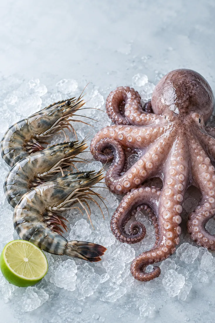 Raw tiger prawns and octopus on crushed ice