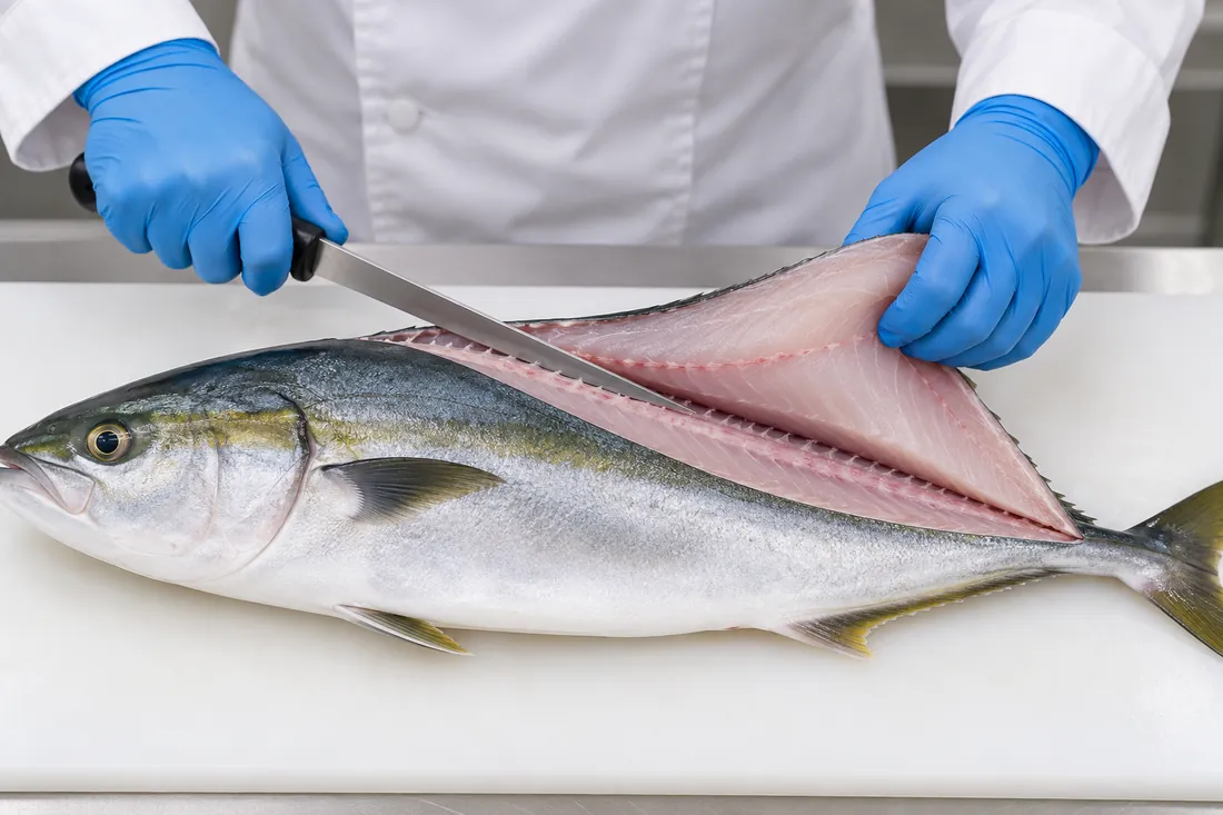 Gloved hands filleting a fish on a white board
