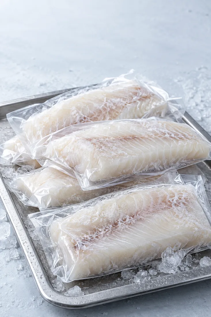 Vacuum-packed frozen fish portions with light frost